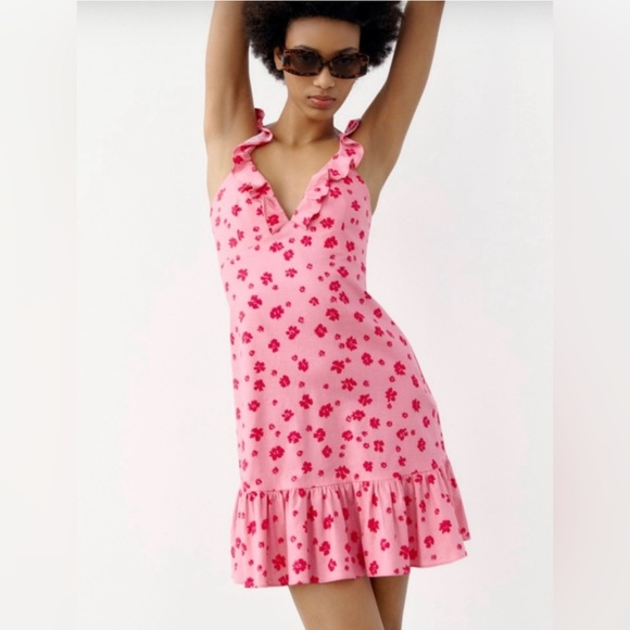 NWOT Zara Linen Blend Floral Dress Size Large - Picture 1 of 5